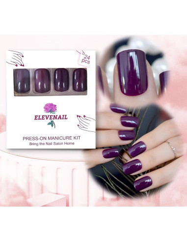Uñas Postizas Cortas Cuadradas Moradas Brillantes Elevenail