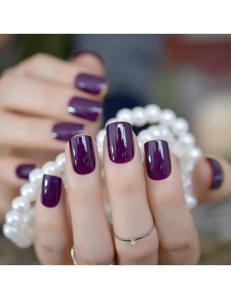 Uñas Postizas Cortas Cuadradas Moradas Brillantes Elevenail
