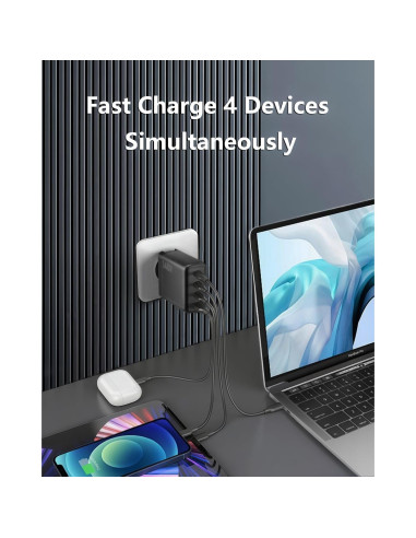 Cargador USB C 140W Witter, Adaptador Plegable 4 Puertos