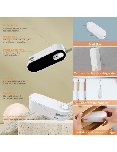 Mini Sello de Bolsas Tesha Recargable USB 1200mAh Blanco