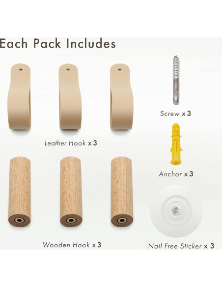 Ganchos de Pared de Cuero PU WONQEXZ - Juego de 3, 8 cm