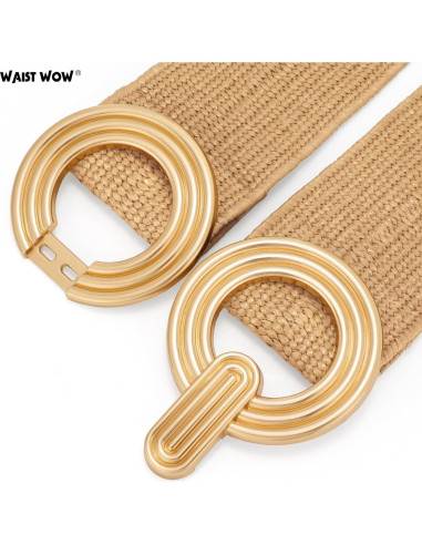 Cinturón Elástico de Paja Tejido para Mujeres - Hebilla Dorada