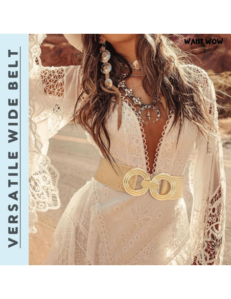 Cinturón Elástico de Paja Tejido para Mujeres - Hebilla Dorada