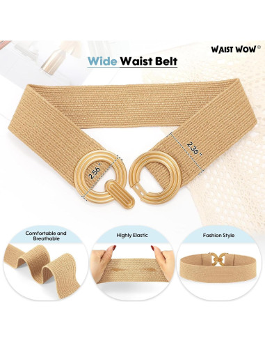Cinturón Elástico de Paja Tejido para Mujeres - Hebilla Dorada
