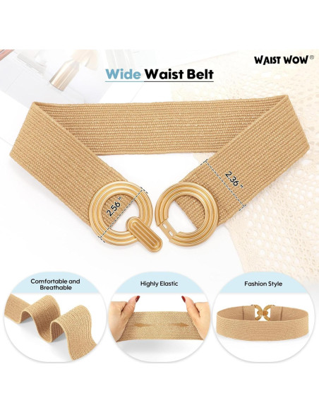 Cinturón Elástico de Paja Tejido para Mujeres - Hebilla Dorada