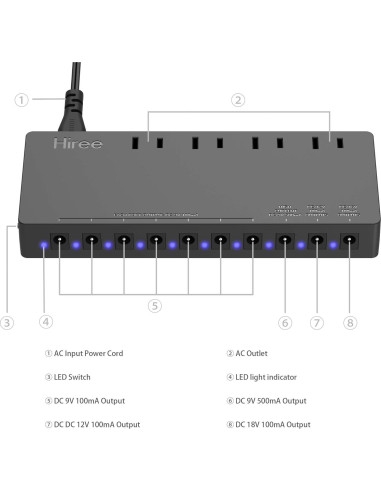 Fuente de Alimentación Hiree para Pedales de Guitarra 10 Salidas DC 9V/12V/18V