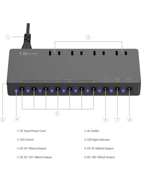 Fuente de Alimentación Hiree para Pedales de Guitarra 10 Salidas DC 9V/12V/18V