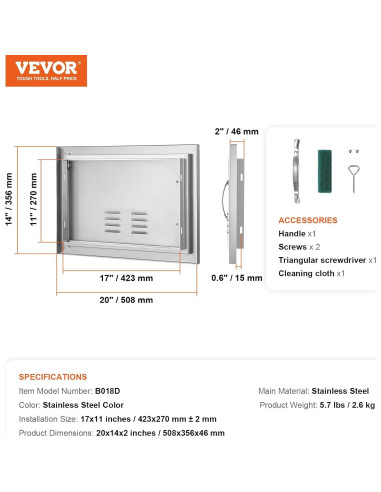 Puerta de Acceso BBQ VEVOR 50.8x35.6 cm Acero Inoxidable