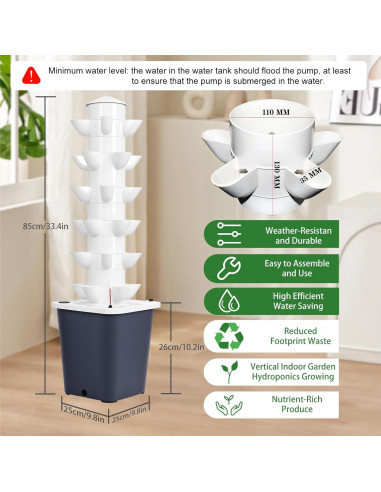 Torre Hidropónica Vertical 30 Plantas Gihusrzx 10L Negra