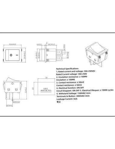 Interruptor Rocker KCD4 DPST 30A 250V con Luz Roja