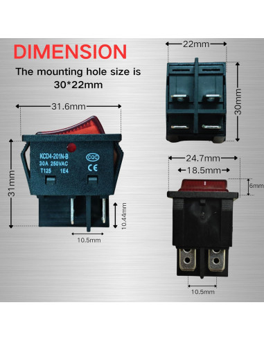 Interruptor Rocker KCD4 DPST 30A 250V con Luz Roja