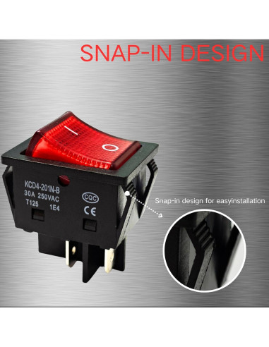 Interruptor Rocker KCD4 DPST 30A 250V con Luz Roja