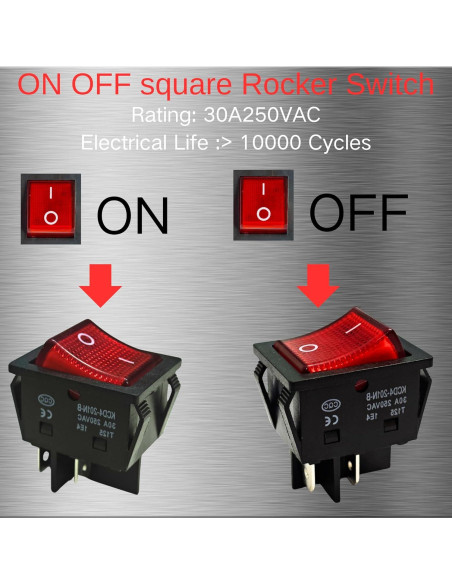 Interruptor Rocker KCD4 DPST 30A 250V con Luz Roja