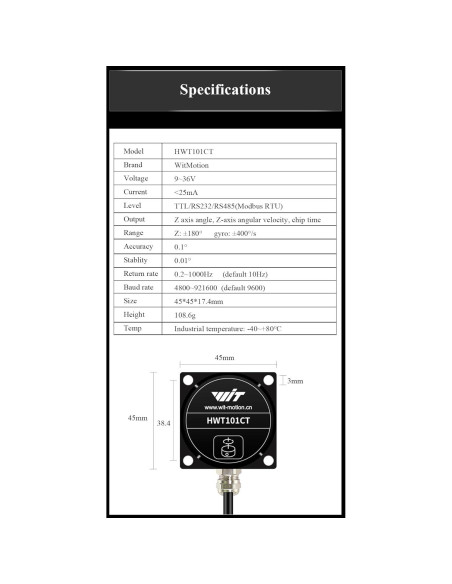 Inclinómetro Industrial HWT101CT IP68 0.1 Z-Eje WitMotion