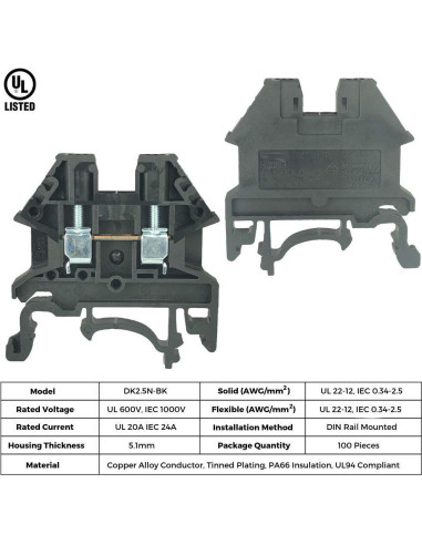 Kit de Bloques de Terminales DIN Dinkle DK2.5N 20A 600V
