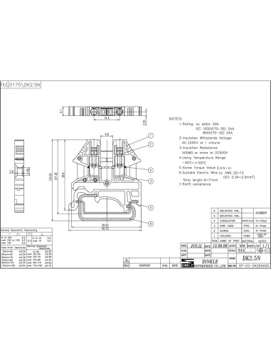 Kit de Bloques de Terminales DIN Dinkle DK2.5N 20A 600V