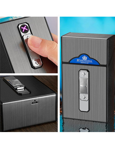 Estuche para Cigarrillos con Encendedor Doble Arco USB Negro