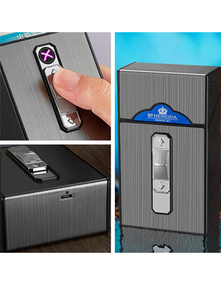 Estuche para Cigarrillos con Encendedor Doble Arco USB Negro