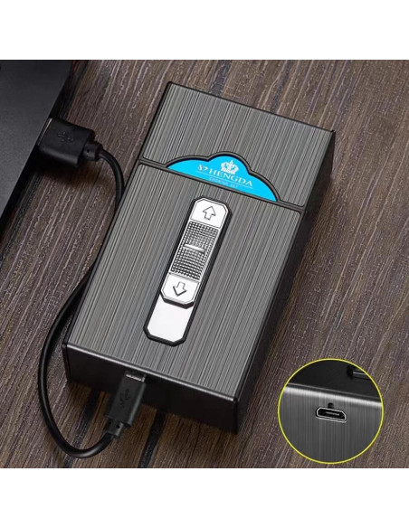 Estuche para Cigarrillos con Encendedor Doble Arco USB Negro