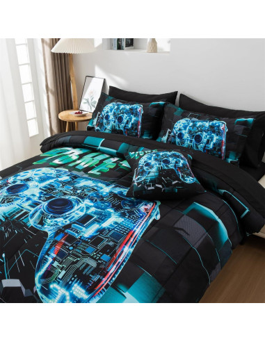 Juego de Ropa de Cama Gamer Aimuan Cian Individual 6 Piezas