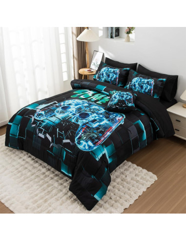 Juego de Ropa de Cama Gamer Aimuan Cian Individual 6 Piezas