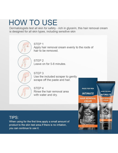 Crema Depilatoria para Hombres 124ml - Indolora para Cuerpo y Áreas Íntimas
