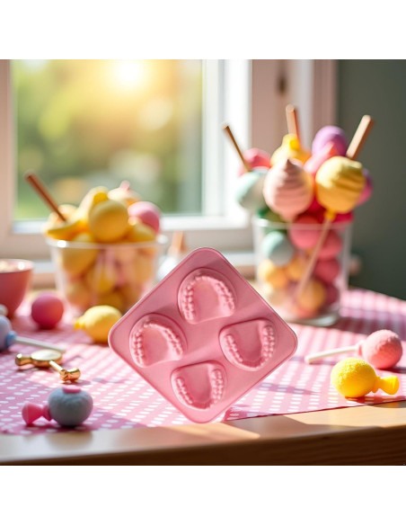 Molde de Hielo Silicona Rosa 4 Cavidades Dientes Postizos