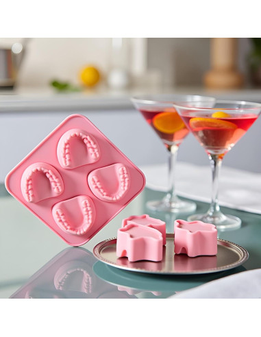 Molde de Hielo Silicona Rosa 4 Cavidades Dientes Postizos