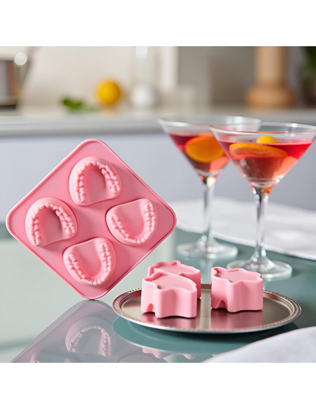 Molde de Hielo Silicona Rosa 4 Cavidades Dientes Postizos