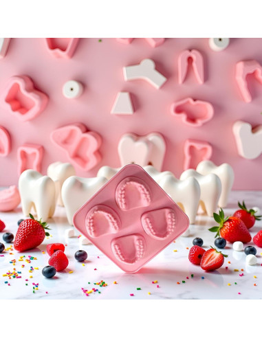 Molde de Hielo Silicona Rosa 4 Cavidades Dientes Postizos