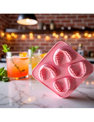Molde de Hielo Silicona Rosa 4 Cavidades Dientes Postizos