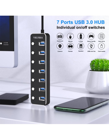 Hub USB 7 Puertos 3.0 VKUSRA con Cable de 1.2m y Interruptores