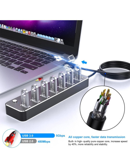 Hub USB 7 Puertos 3.0 VKUSRA con Cable de 1.2m y Interruptores