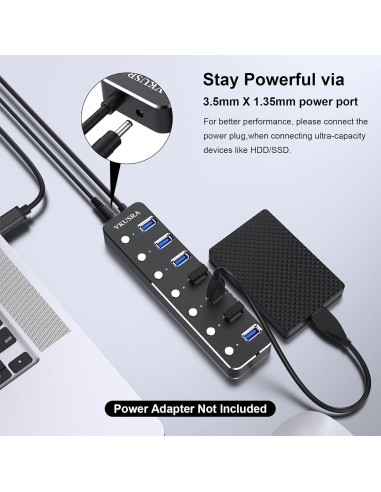 Hub USB 7 Puertos 3.0 VKUSRA con Cable de 1.2m y Interruptores