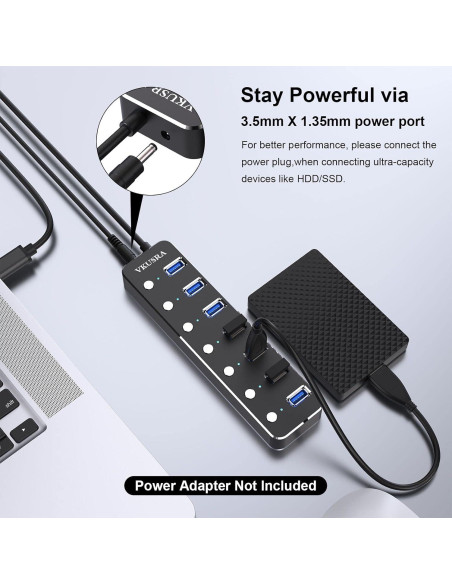 Hub USB 7 Puertos 3.0 VKUSRA con Cable de 1.2m y Interruptores