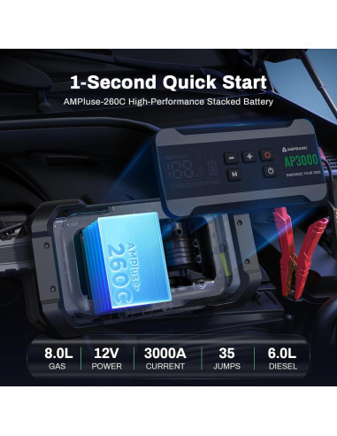 Arrancador de Coche Portátil AMPBANK AP3000-01 con Compresor 150PSI