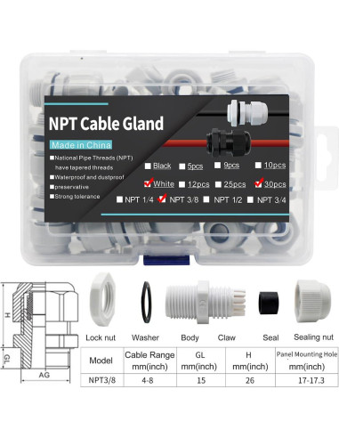 Accesorios de Cable Estanco 3/8 NPT HUIXHAO 30pcs Nylon IP68