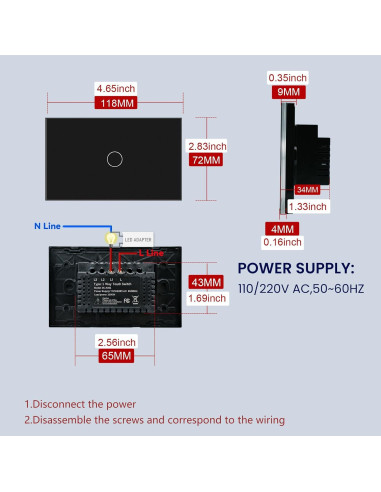 Interruptor de Luz Táctil YUEQING Sin Cable Neutro 1000W Negro