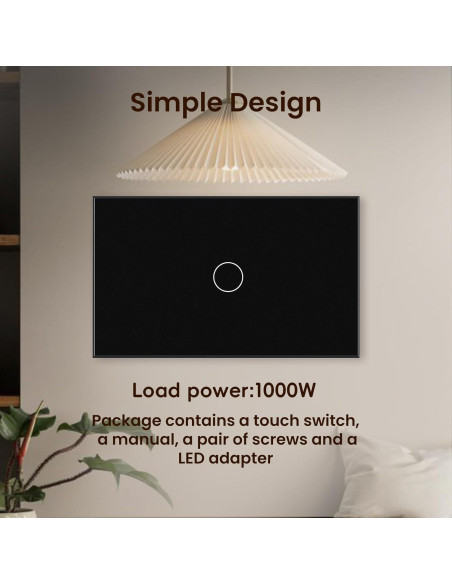 Interruptor de Luz Táctil YUEQING Sin Cable Neutro 1000W Negro
