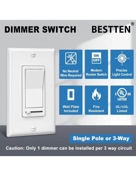 Interruptor Regulador de Luz BESTTEN 6 Pack Blanco LED 120V