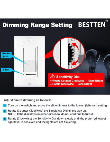 Interruptor Regulador de Luz BESTTEN 6 Pack Blanco LED 120V