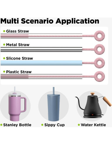 Cepillo Limpiador de Pajitas VOGOGE 2 Pcs Silicona Rosa 6mm 9mm