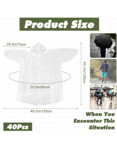 Paquete de 40 Ponchos de Lluvia Desechables PE Adultos 135cm 2