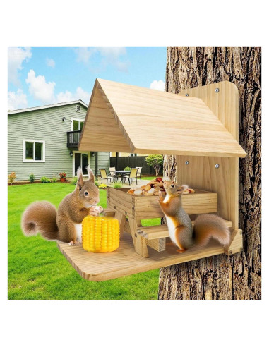 Comedero para Ardillas Sharmila de Madera con Techo Impermeable