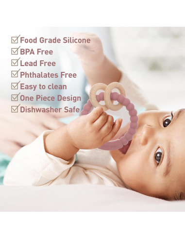 Anillo de Dentición para Bebés DB-0822 Silicona y Haya Rosa