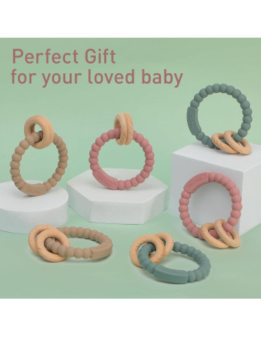 Anillo de Dentición para Bebés DB-0822 Silicona y Haya Rosa