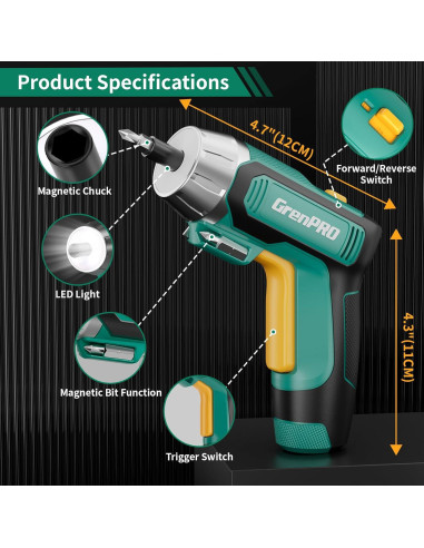 Destornillador Eléctrico GRENPRO 4V Inalámbrico 9 Piezas Verde