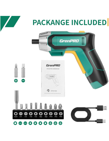 Destornillador Eléctrico GRENPRO 4V Inalámbrico 9 Piezas Verde