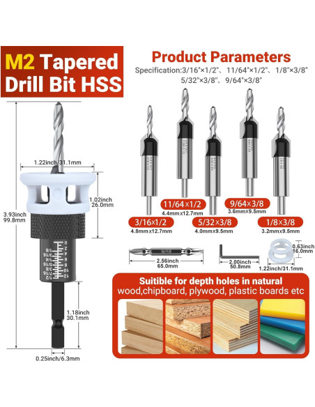 Juego de Brocas Avellanadoras Preciva HSS con Tope de Profundidad
