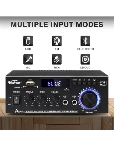 Amplificador Estéreo AK45Pro 400W Bluetooth 5.3 para Hogar
